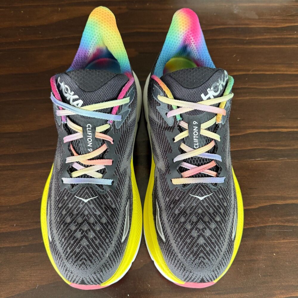 Hoka One One Clifton 9 Men's 11.5D Running Black Rainbow Sneakers 1127895 BAAB - Picture 2 of 12